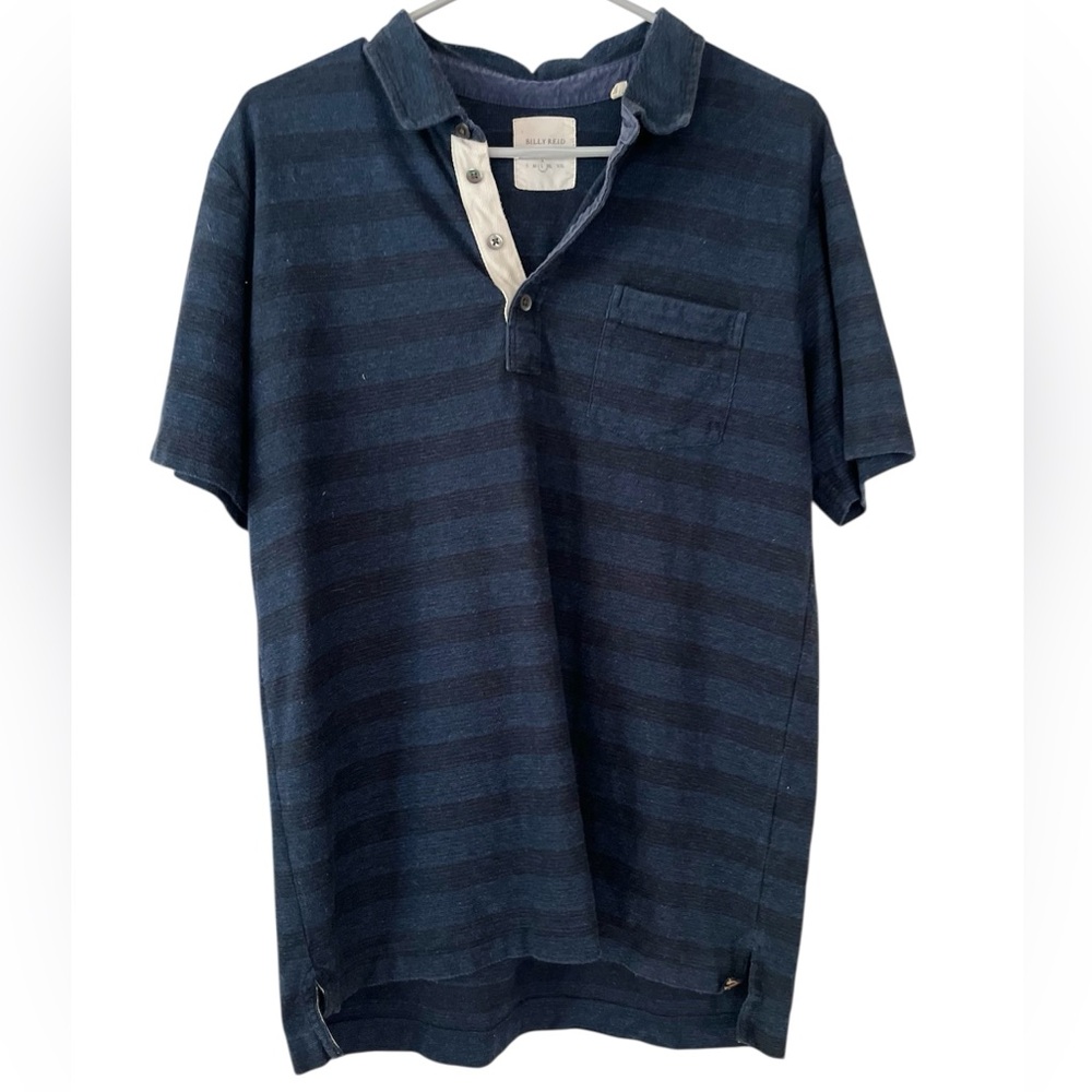 Billy Reid Men’s L Navy & Dark Blue/Black Striped Polo